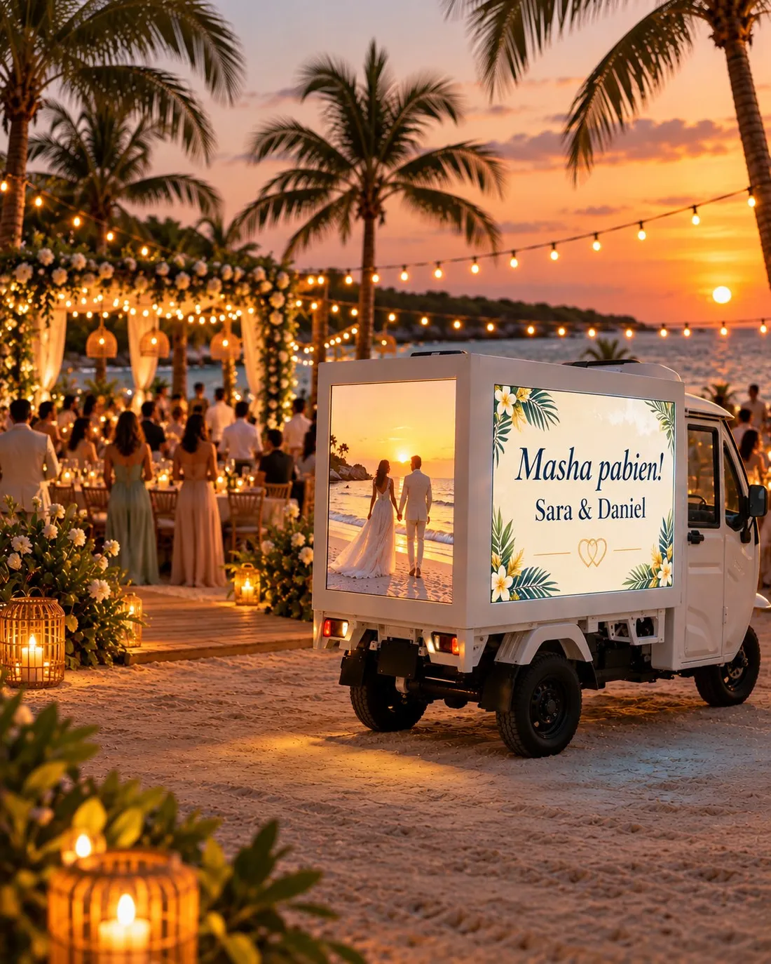 The tuk-tuk at a beach wedding at sunset
