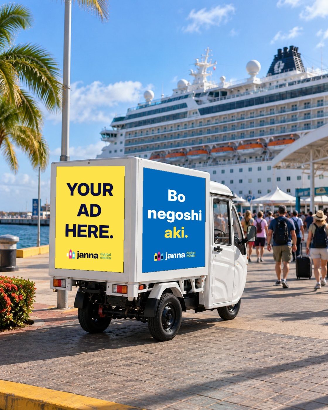 The Janna tuk-tuk with its LED screens at Mega Pier, a cruise ship docked behind it and guests walking into town